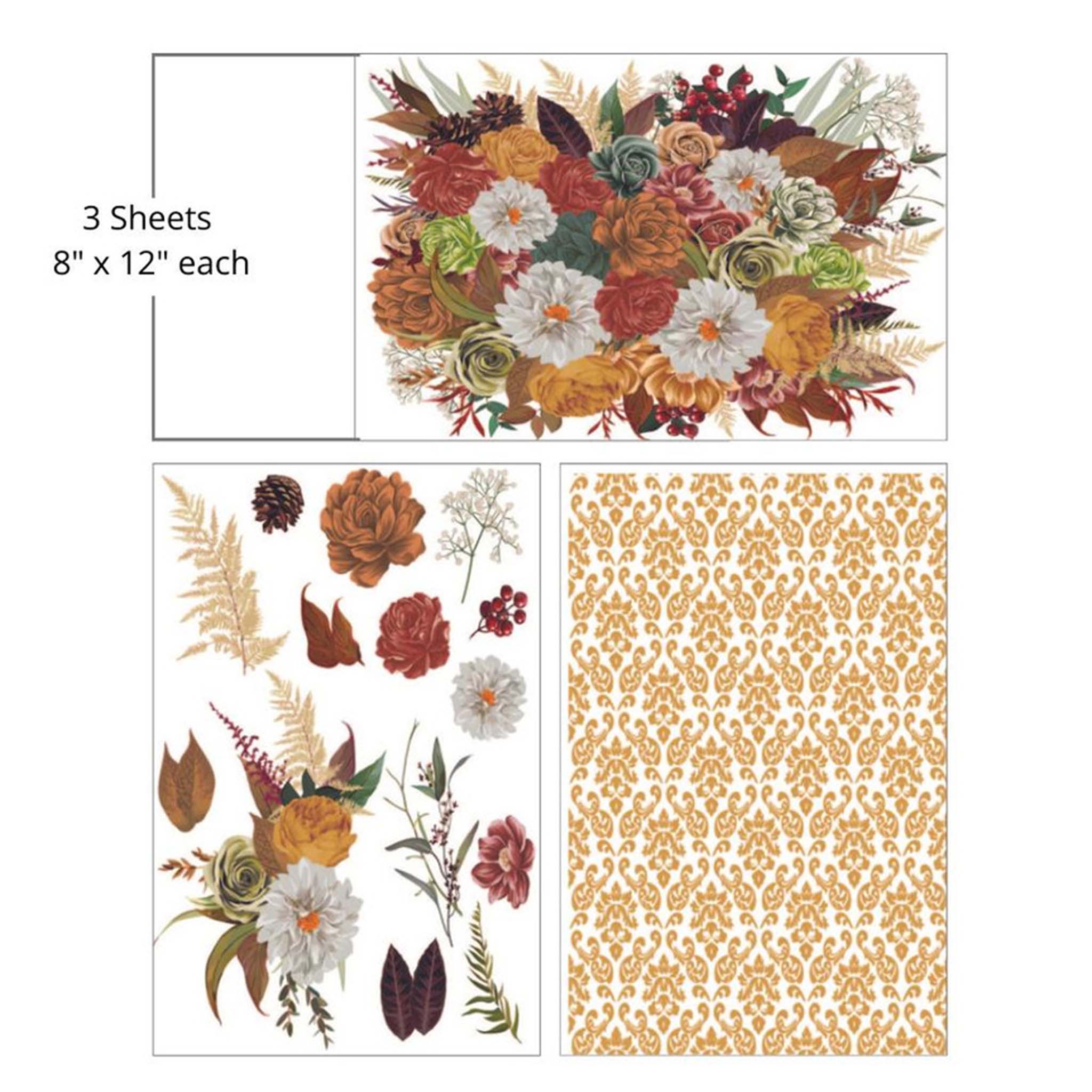 Three sheets of Belles & Whistles' Earthy Bouquet small transfer are against a white background. Measurements for 1 sheet reads: 8" x 12".