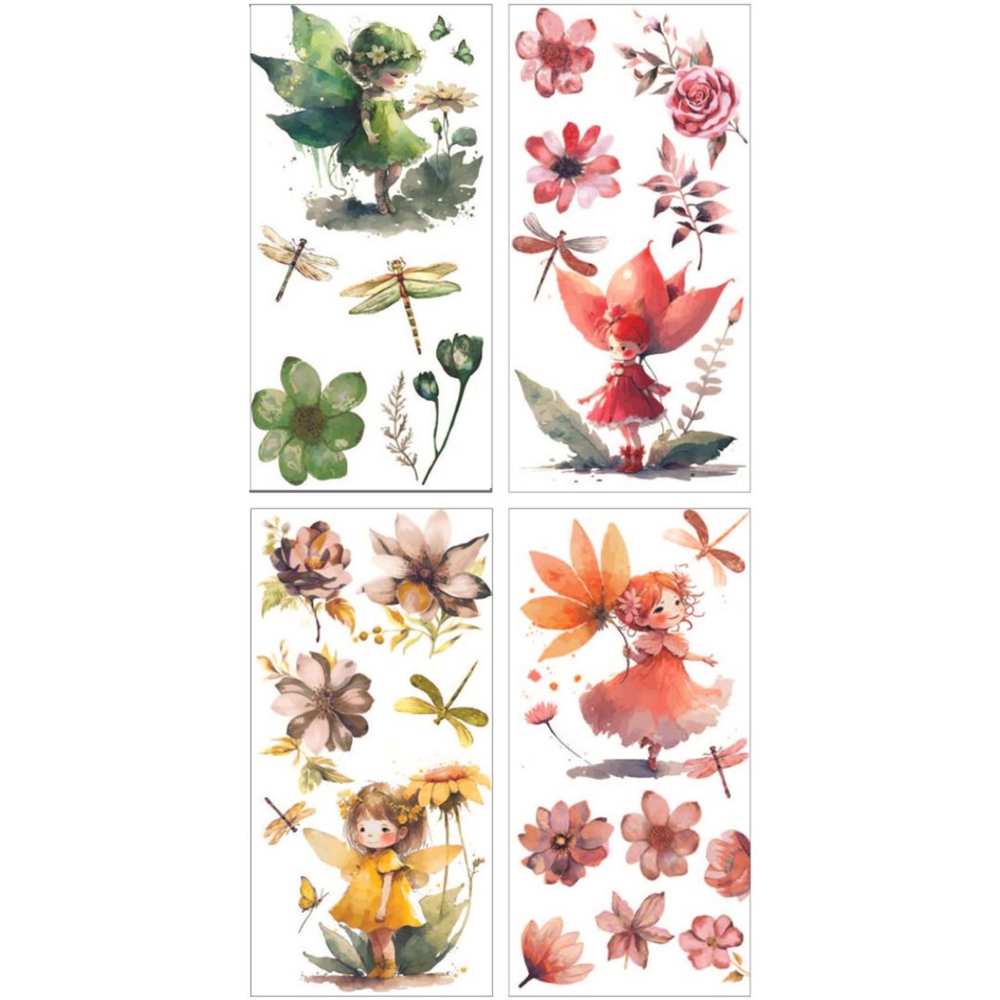 Four sheets of small rub-on transfers that feature fairies and flowers are against a white background. Each sheet features its own colors of green, orange, pink, and yellow.