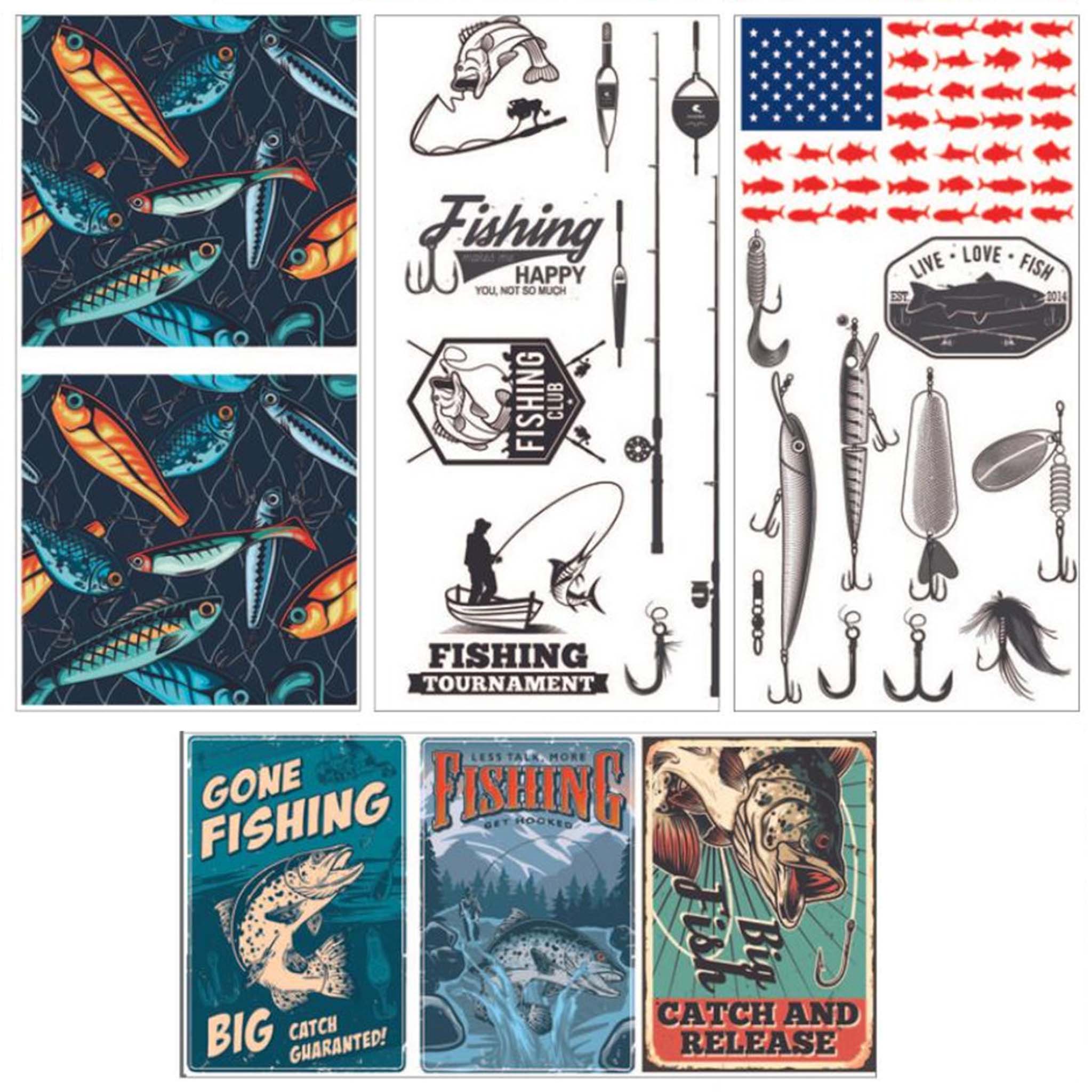 Four sheets of small rub-on transfers against a white background feature an American flag made entirely of fish, 3 fishing posters, images of lures, and inspiring fishing quotes.