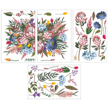 Four sheets of a rub-on transfer against a white background features a beautiful floral arrangement in shades of pink, blue, purple, and yellow, surrounded by delicate single flowers.