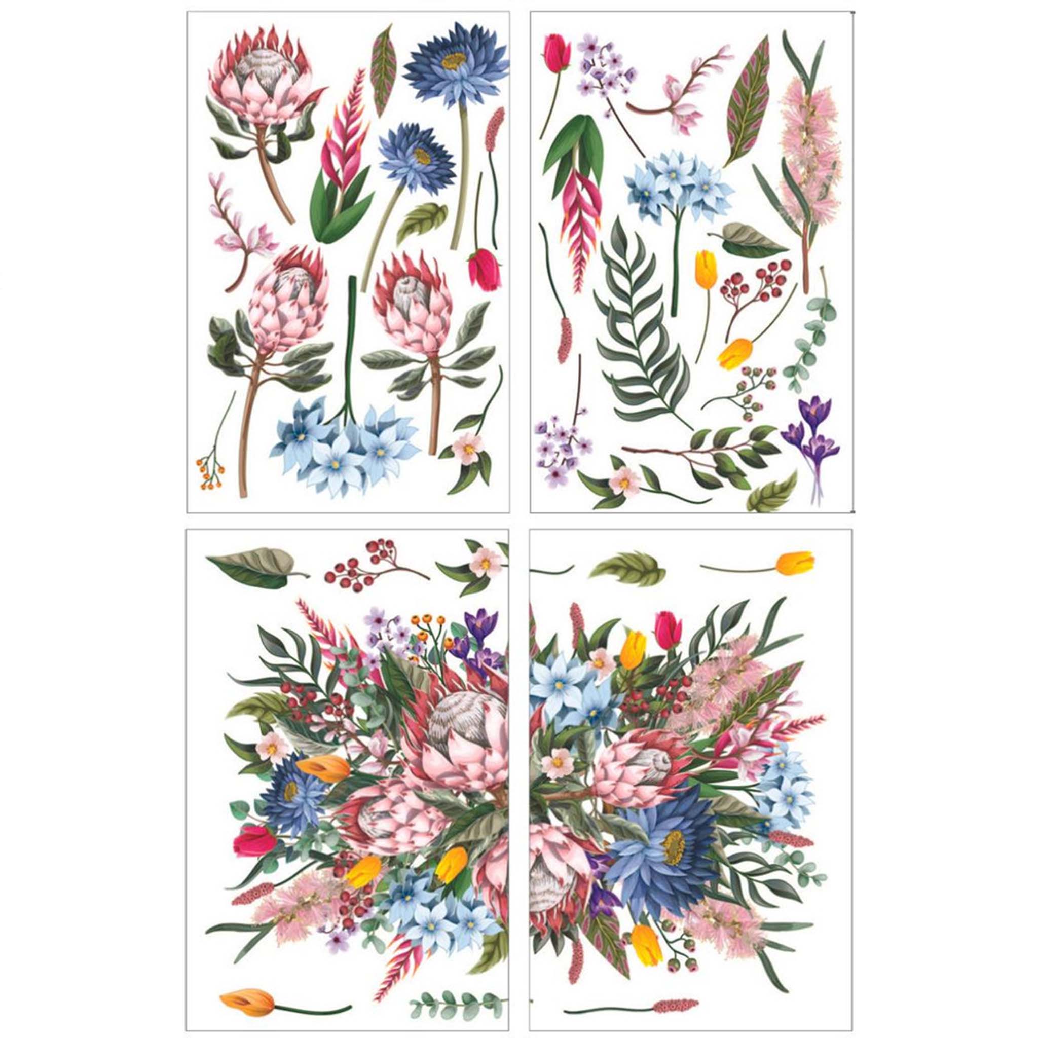 Four sheets of a rub-on transfer against a white background features a beautiful floral arrangement in shades of pink, blue, purple, and yellow, surrounded by delicate single flowers.