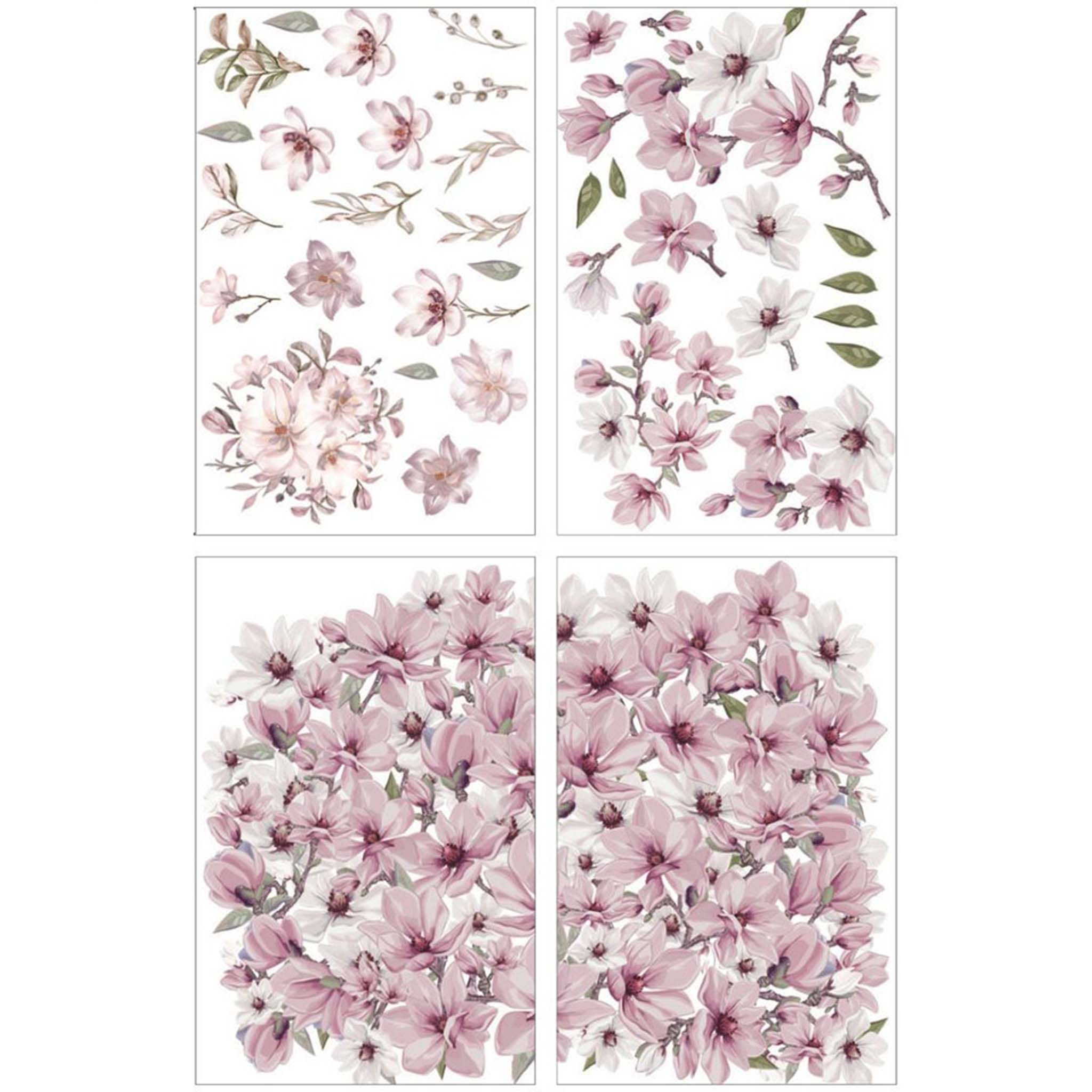 Four sheets of a rub-on transfer against a white background features delicate magnolia blooms in pale pink and creamy white.