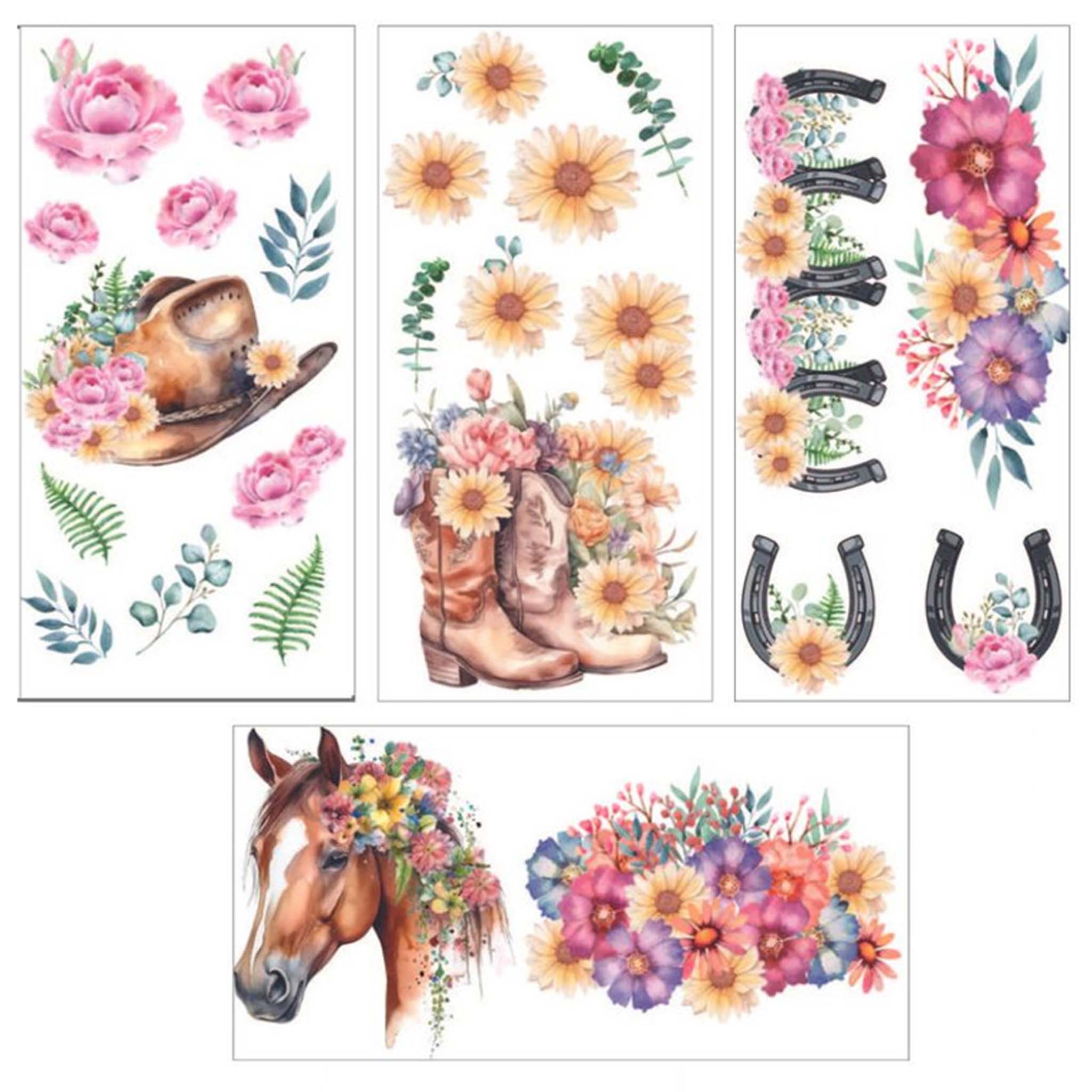 Four sheets of a small rub-on transfer are against a white background and feature cowboy boots, a horse portrait with flowers in its mane, horseshoes, and overflowing flowers on them.