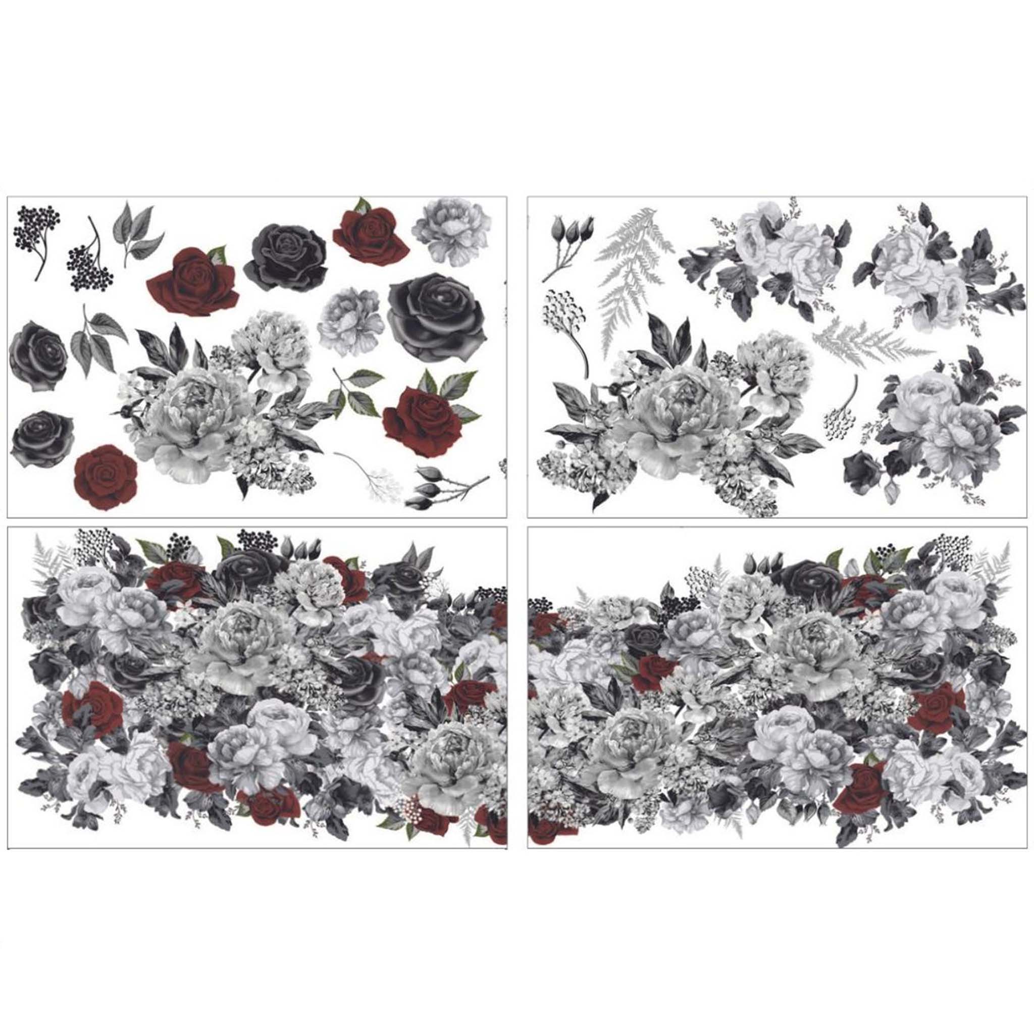 Four sheets of a rub-on transfer design featuring a bold black and white floral bouquets and flowers, accented with pops of vibrant red.  