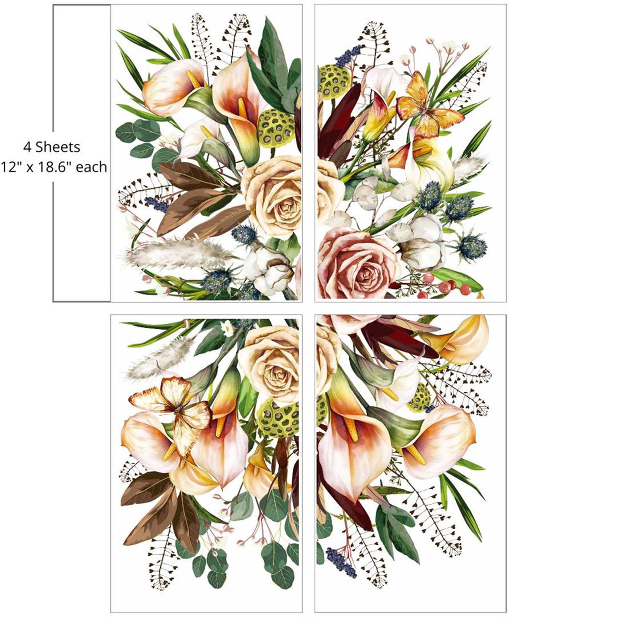 Four sheets of Belles & Whistles' Savi's Bouquet transfer are against a white background. Measurements for 1 sheet reads: 12" x 18.6".