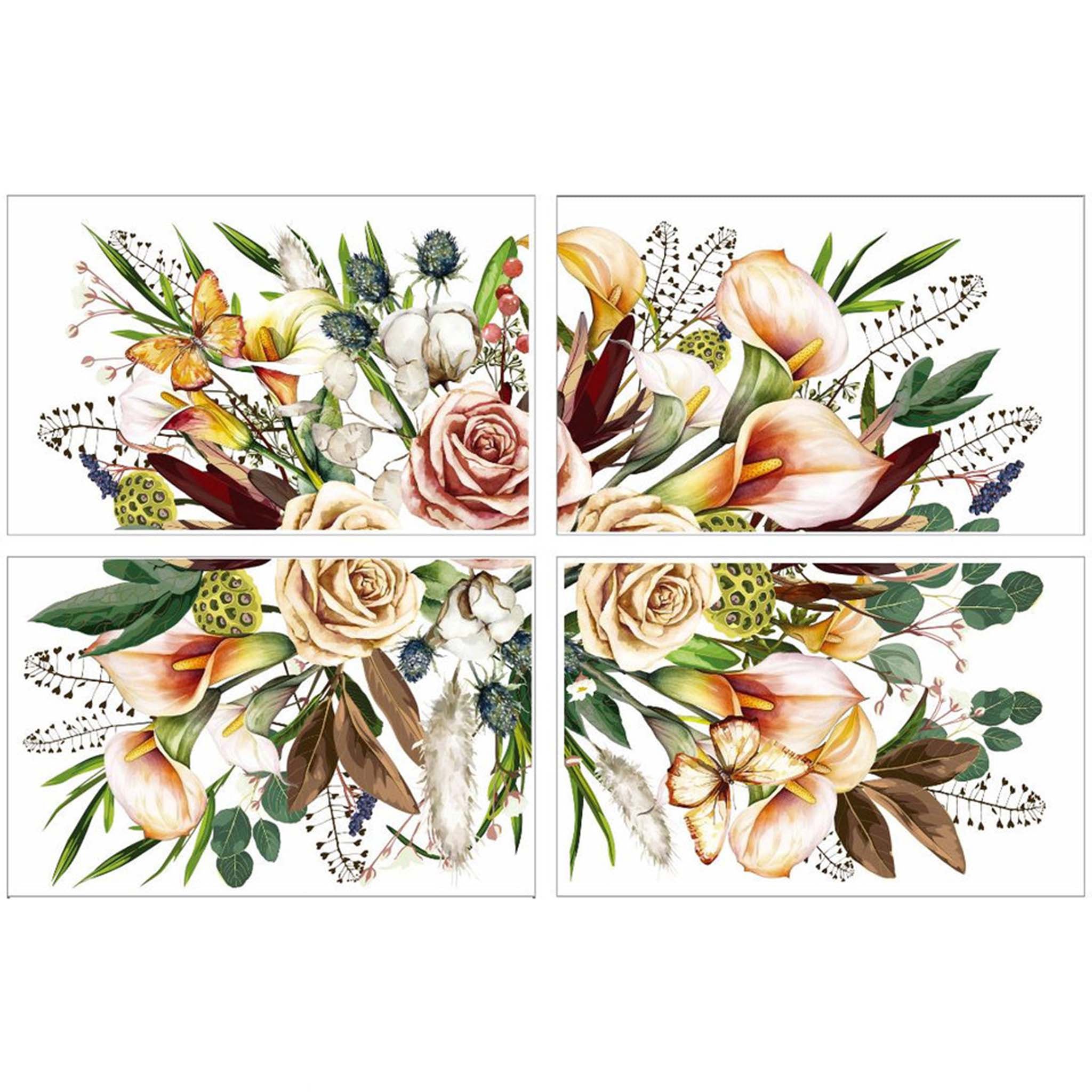 Four sheets of a rub-on transfer that features 1 design of a stunning floral arrangement of calla lilies and roses are against a white background.