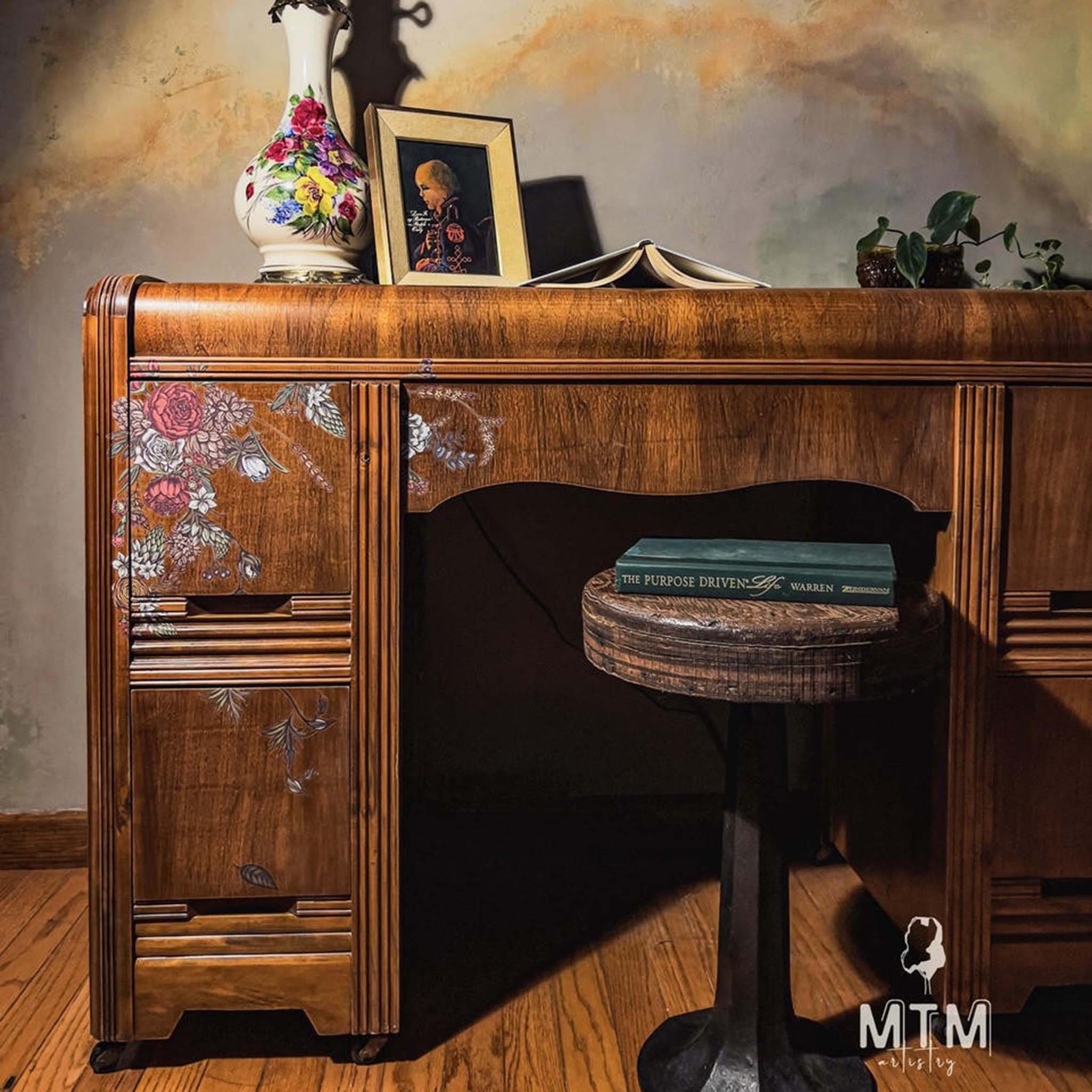 A vintage waterfall desk refurbished by MTM Artistry features Belles & Whistles' Timeless Petals transfer on one of its drawers.
