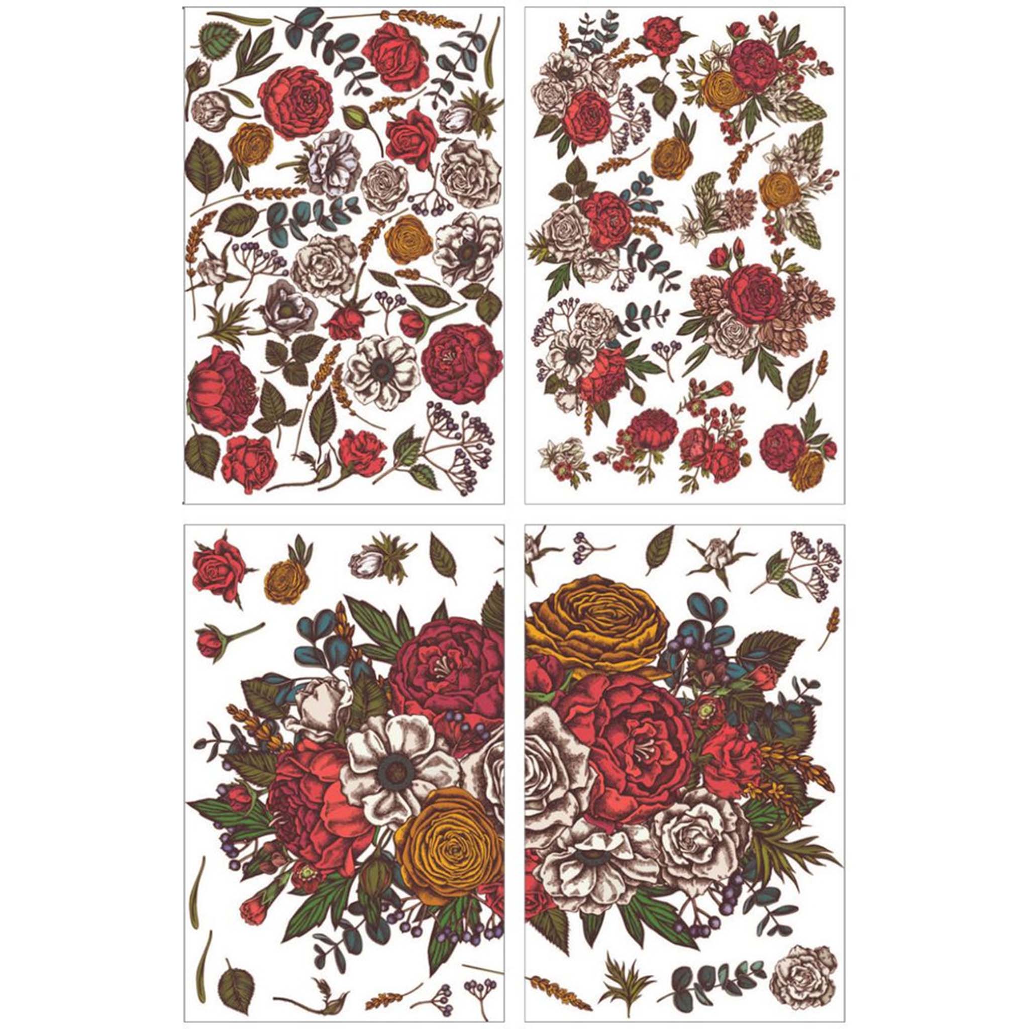Four sheets of a rub-on transfer are against a white background and feature a large floral bouquet and scattered flowers in muted reds, yellows, and white.