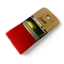 A wide rectangular shaped paint brush with scarlet red bristles is against a white background.
