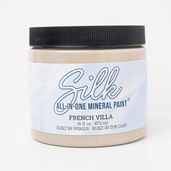 Jar of Silk All-in-One Mineral Paint in French Villa color on a white background