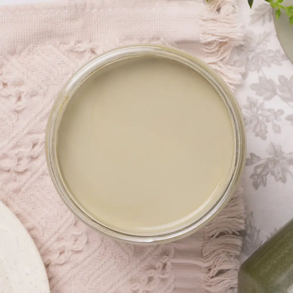 Jar of light green paint on a textured pink surface with a plant in the corner