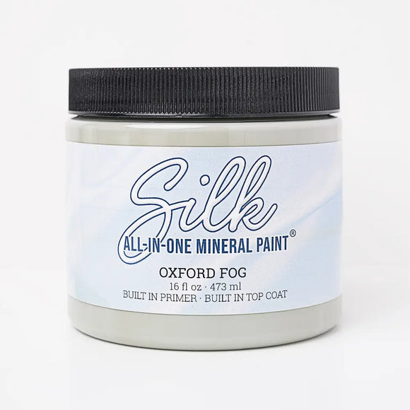 Jar of Silk All-in-One Mineral Paint in Oxford Fog on a white background