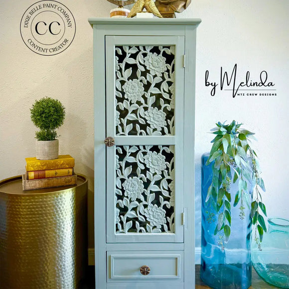 Decorative cabinet with floral patterns on a white background, featuring the brand 'True Belle Paint Company'.