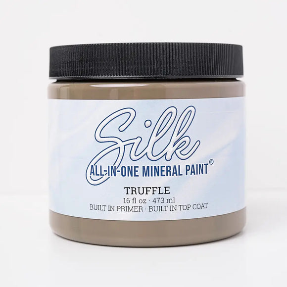 Jar of Silk All-In-One Mineral Paint in Truffle color on a white background