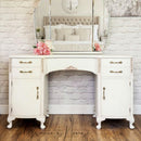 A vintage vanity desk refurbished by Gracie's House features Dixie Belle's Endless Shore Silk All-In-One Mineral Paint.