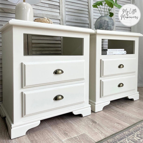 Two nightstands that have 2 drawers and a top 3rd drawer turned into a shelf refurbished by My Little Makeovers feature Dixie Belle's Endless Shore Silk All-In-One Mineral Paint.
