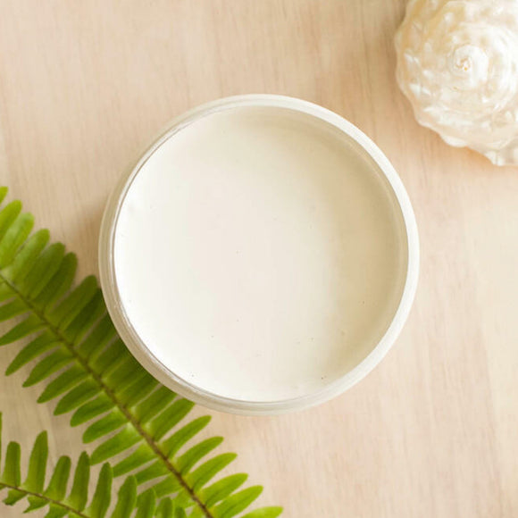An arial view of an open container of Dixie Belle Paint Company's Endless Shore All-In-One Silk Paint is on a light wood table with green fern sprigs.