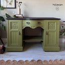 A vintage desk with storage refurbished by Faff Designs features Dixie Belle's Everglades Silk All-In-One Mineral Paint.