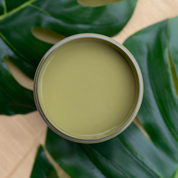 An arial view of an open container of Dixie Belle Paint Company's Everglades All-In-One Silk Paint is on a light wood table with monstera leaves.