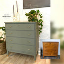 A 4-drawer chest dresser refurbished by Redesign by Zold Copenhagen features Dixie Belle's Hampton Olive Silk All-In-One Mineral Paint.