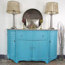 A vintage buffet table refurbished by The Purple Posie features Dixie Belle's Harbor Silk All-In-One Mineral Paint.