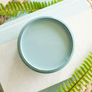 An arial view of an open container of Dixie Belle Paint Company's Harbor All-In-One Silk Paint is on a white piece of wood with green fern leaves.