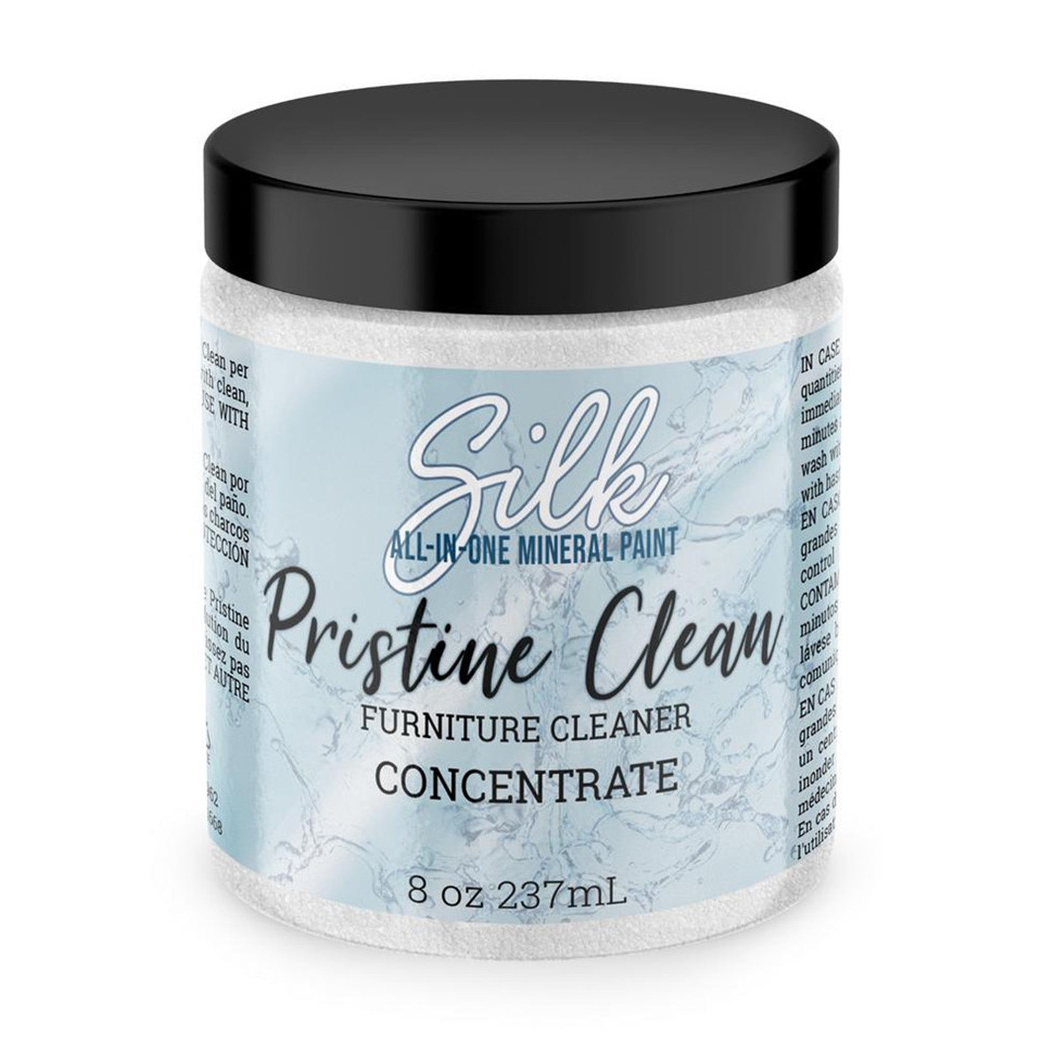 An 8 ounce container of Dixie Belle's Silk All-In-One Pristine Clean Furniture Cleaner Concentrate Powder is against a white background.