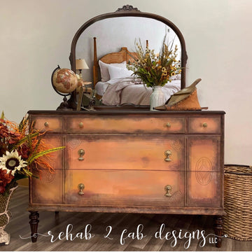 Vintage dresser painted with Terracotta orange furniture paint and dark wax aged finish