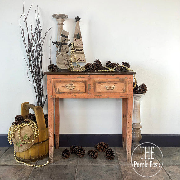 Small table painted with Dixie Belle Terracotta chalk mineral paint in a distressed rustic finish
Vintage dresser painted with Terracotta orange furniture paint and dark wax aged finish