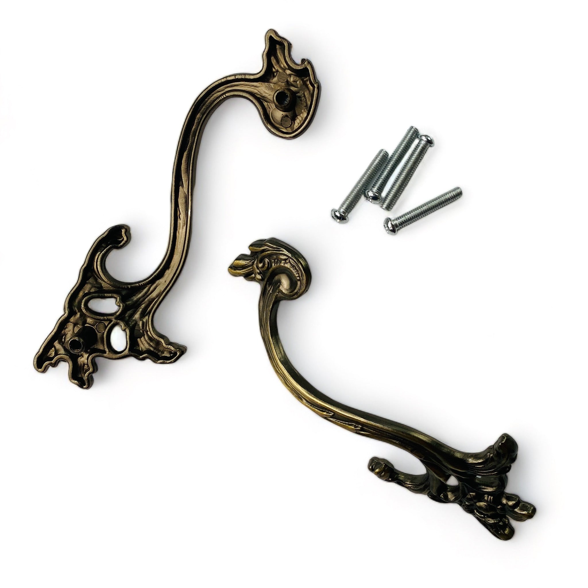Two metal drawer pulls and 4 screws featuring subtle vines and leaves are against a white background.