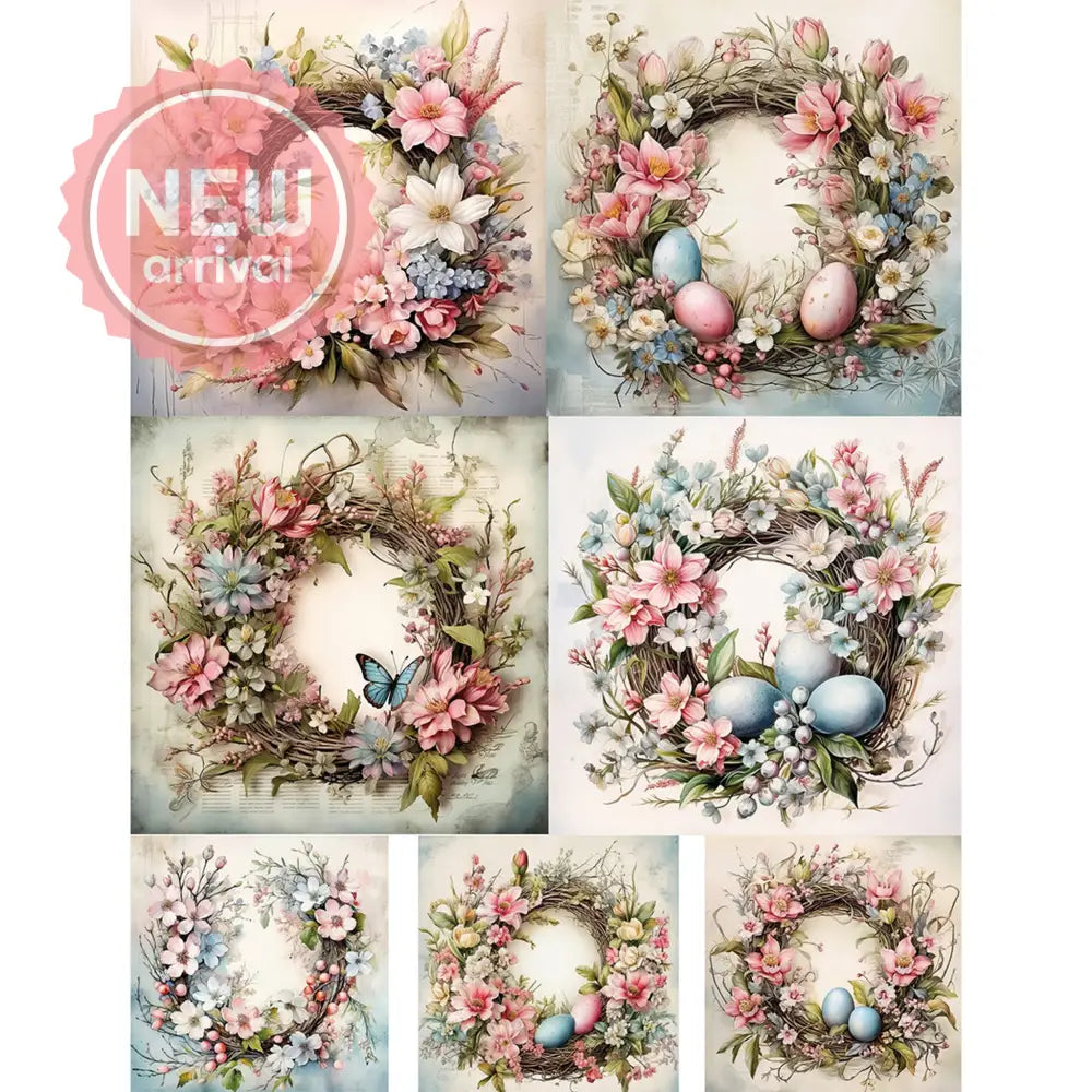 Rice paper design featuring 7 charming pink and blue floral wreaths with Easter eggs and butterflies. White borders are on the sides.