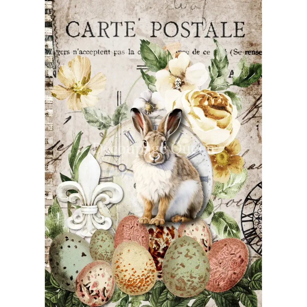 Rice paper featuring a fleur de lis and a brown and white rabbit on easter eggs, surrounded by soft yellow flowers against a vintage French document. White borders are on the sides.