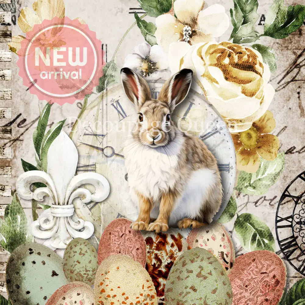 Close-up of a rice paper featuring a fleur de lis and a brown and white rabbit on easter eggs, surrounded by soft yellow flowers against a vintage French document.