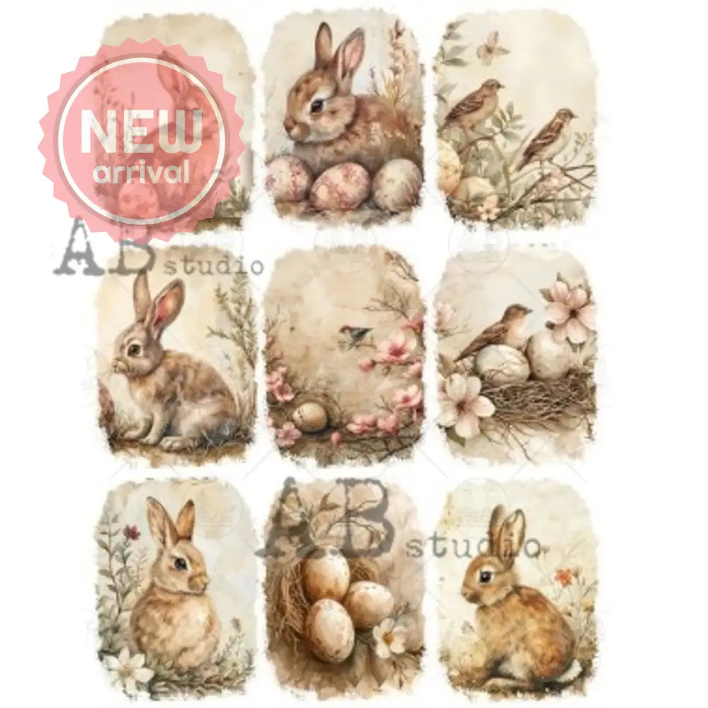 Rice paper featuring 9 cute scenes of brown bunnies, colorful flowers, easter eggs, and sweet birds is against a white background.