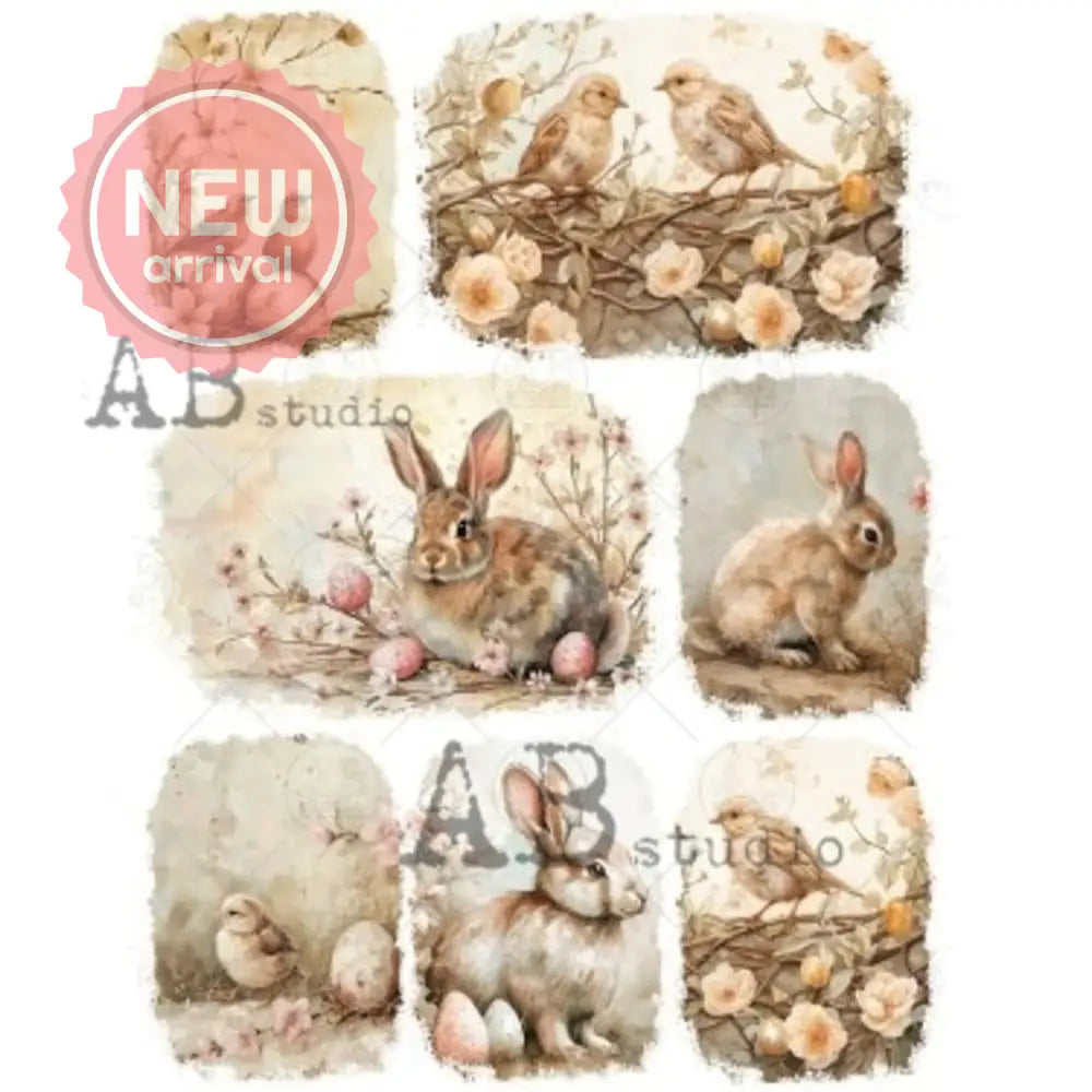 Rice paper that features 7 adorable images of bunnies, birds, flowers, and easter eggs is against a white background.