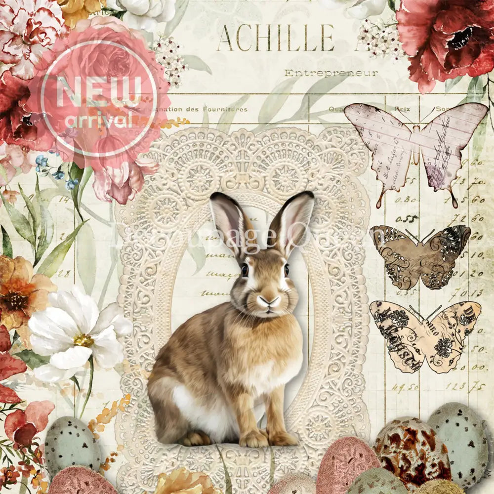 Close-up of a rice paper featuring a vintage French ledger with delicate lace, colorful flowers, Easter eggs, and adorable butterflies and bunnies.