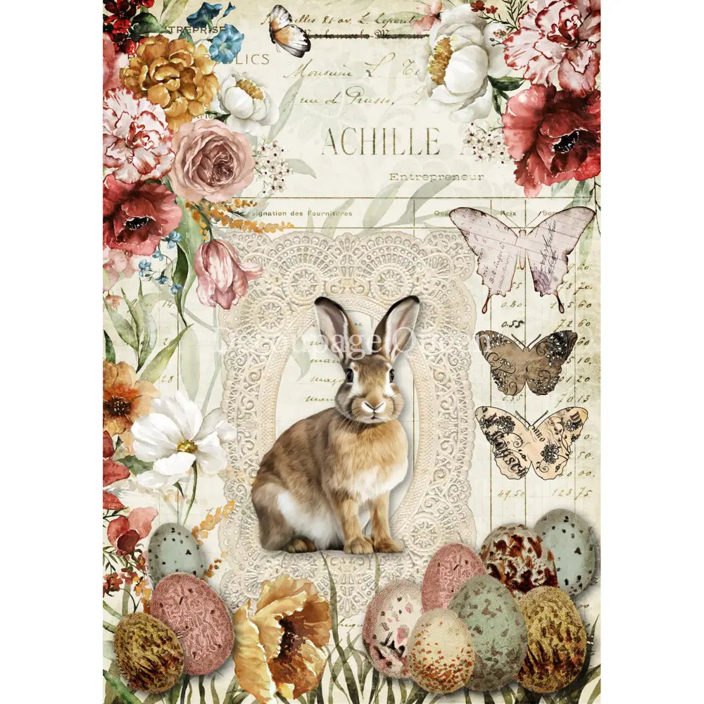 Rice paper featuring a vintage French ledger with delicate lace, colorful flowers, Easter eggs, and adorable butterflies and bunnies. White borders are on the sides.