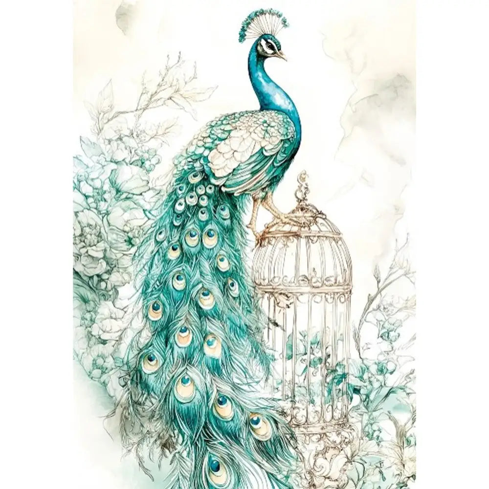 Rice paper that features a majestic teal blue peacock perched atop a gilded birdcage surrounded by beautiful teal colored flowers. White borders are on the sides.