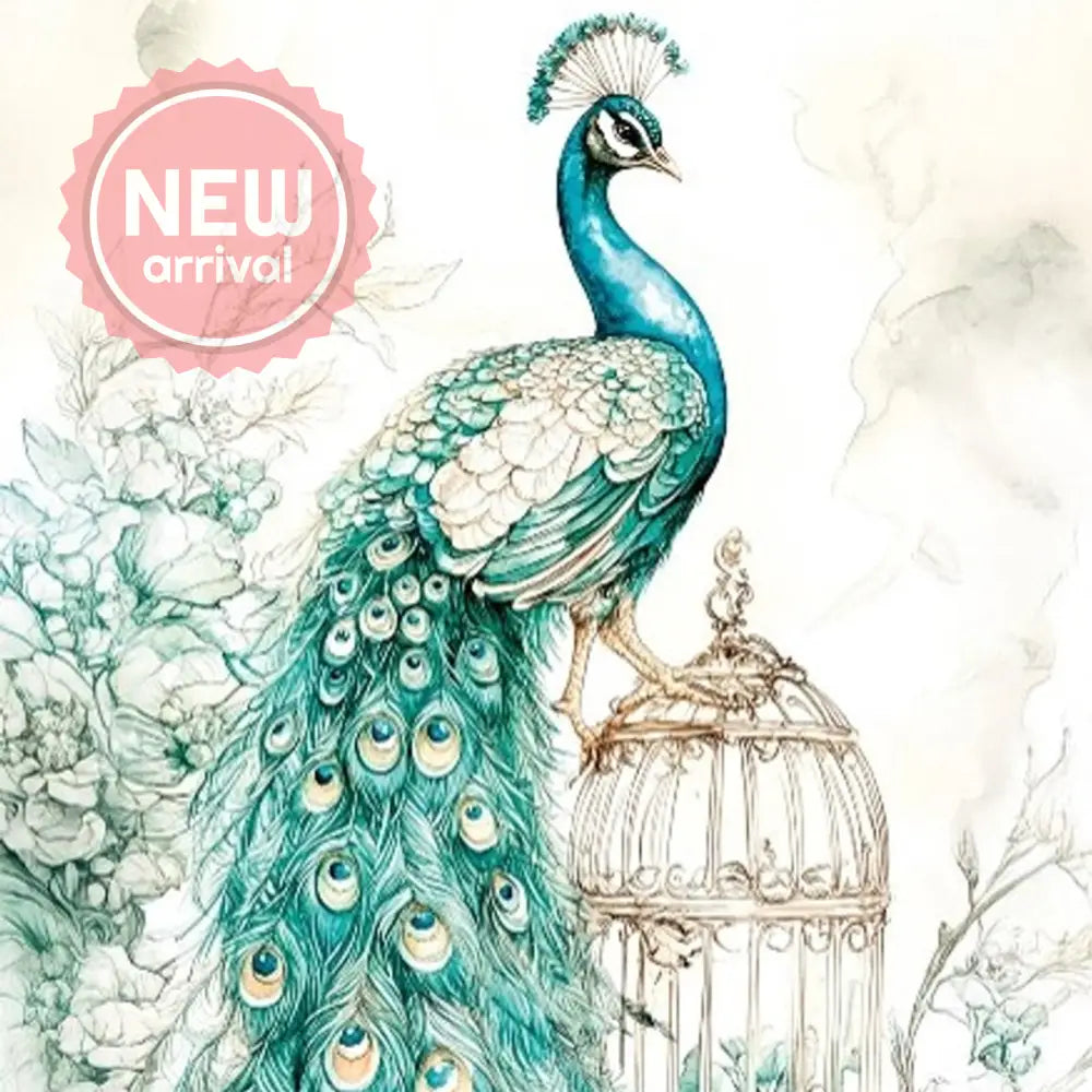 Close-up of a rice paper that features a majestic teal blue peacock perched atop a gilded birdcage surrounded by beautiful teal colored flowers.