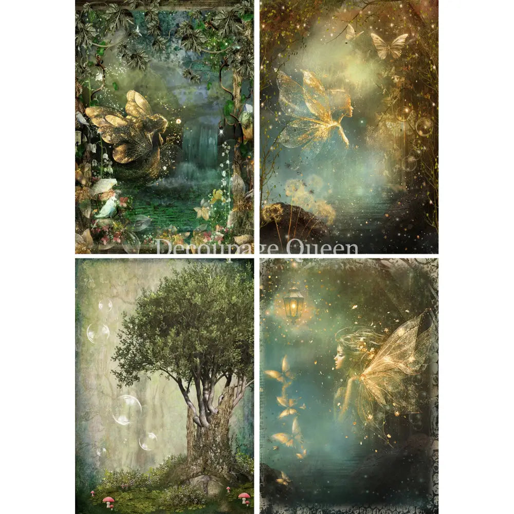 Four sheets of rice paper against a white background feature fairies in magical lush forest scenes. 