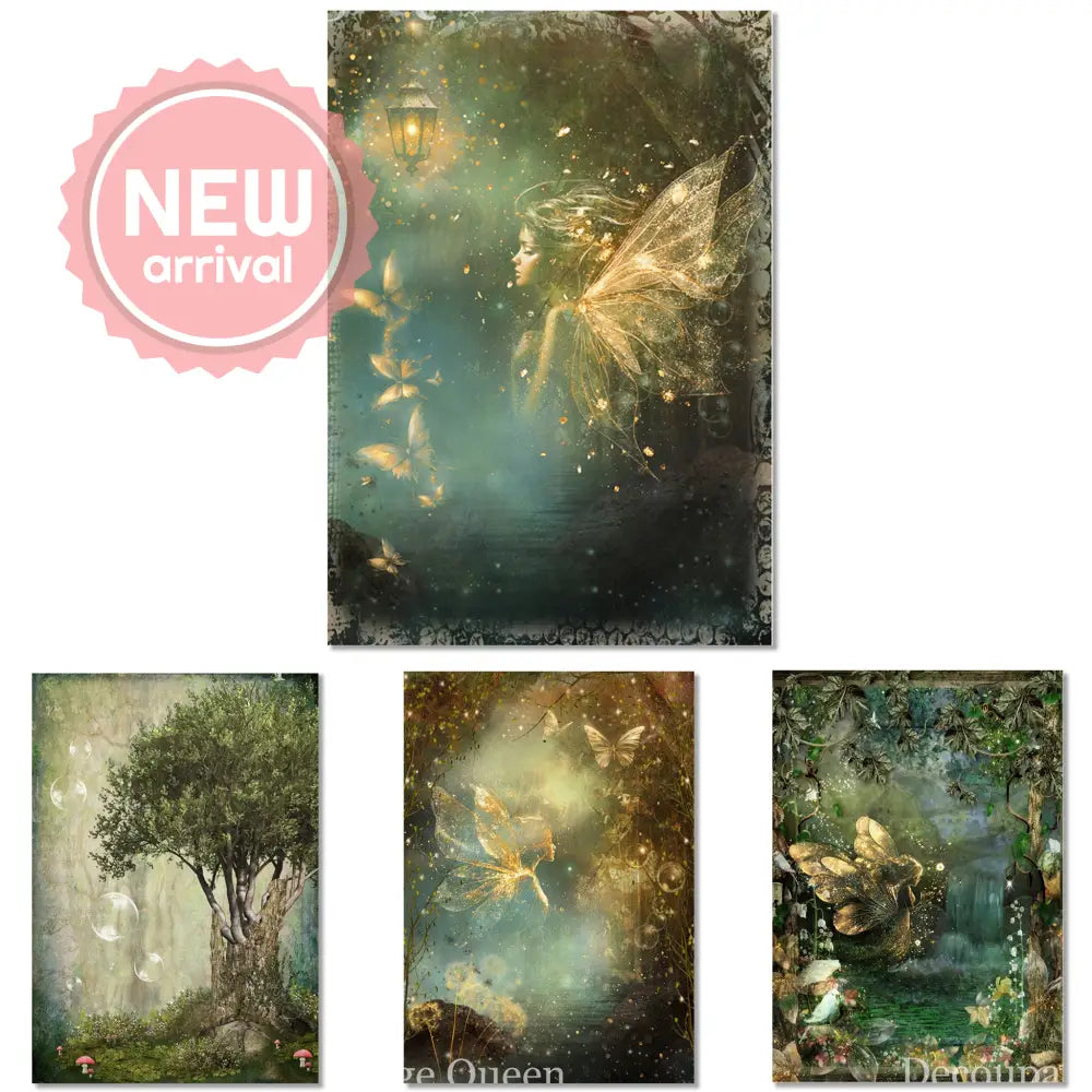 Four sheets of rice paper against a white background feature fairies in magical lush forest scenes. 