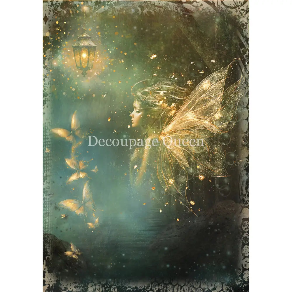 Rice paper featuring a whimsical fairy illuminated by a golden lamp and surrounded by a dreamy mist and delicate butterflies. White borders are on the sides.