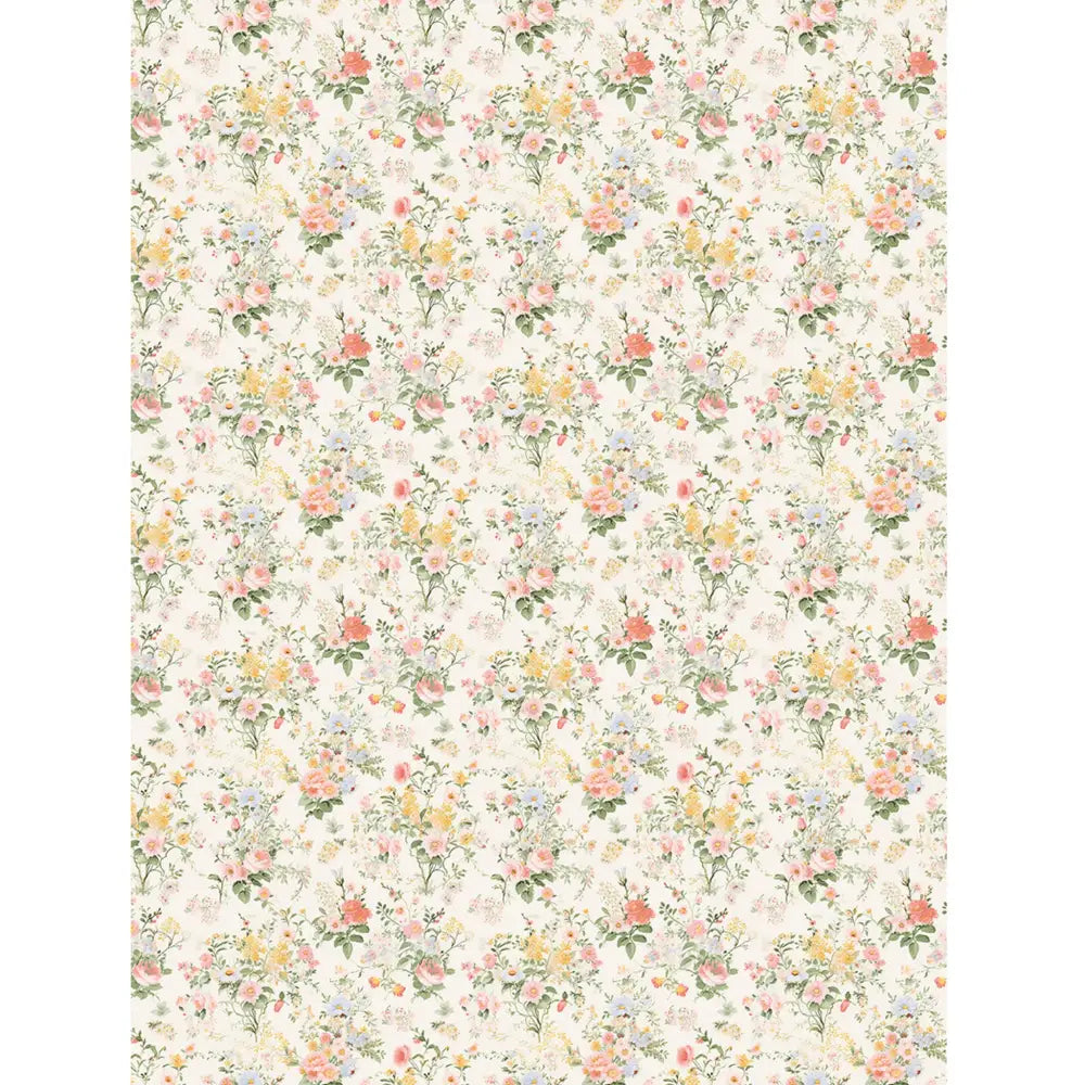 Rice paper design that features a print of pale yellow, pink, and blue bouquets against a soft cream background. White borders are on the sides.