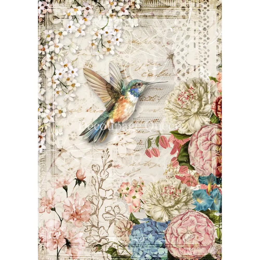 Rice paper featuring a beautiful hummingbird in flight, surrounded by pastel flowers and delicate lace details. White borders are on the sides.