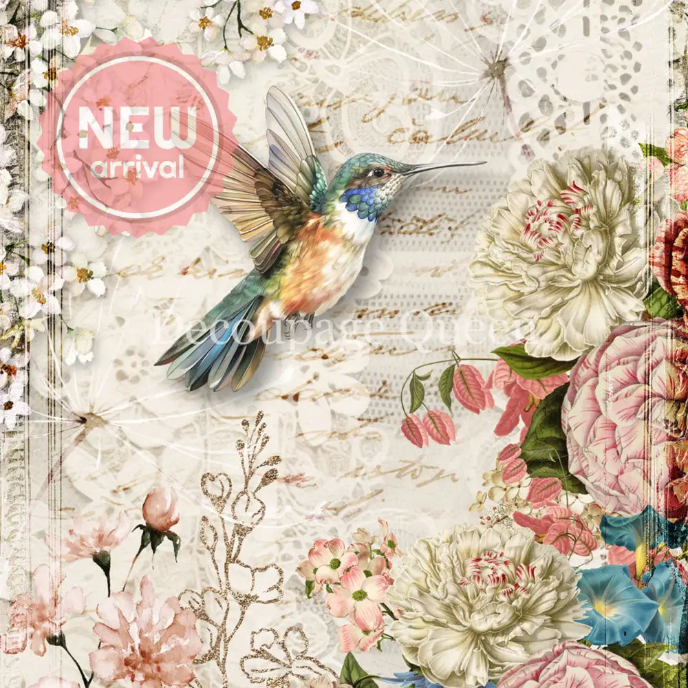 Close-up of a rice paper featuring a beautiful hummingbird in flight, surrounded by pastel flowers and delicate lace details. 