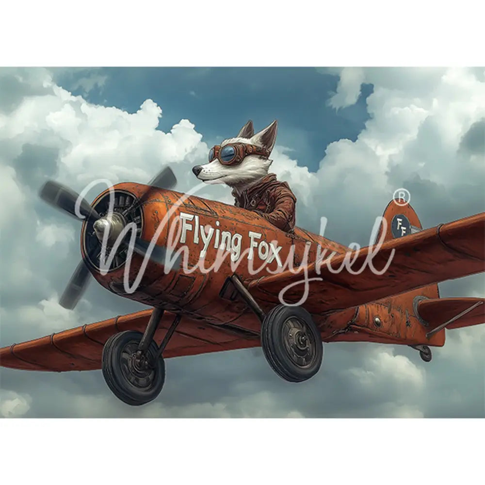 Tissue paper featuring a vintage airplane with a white fox pilot flying in a cloudy sky. White borders are on the top and bottom.