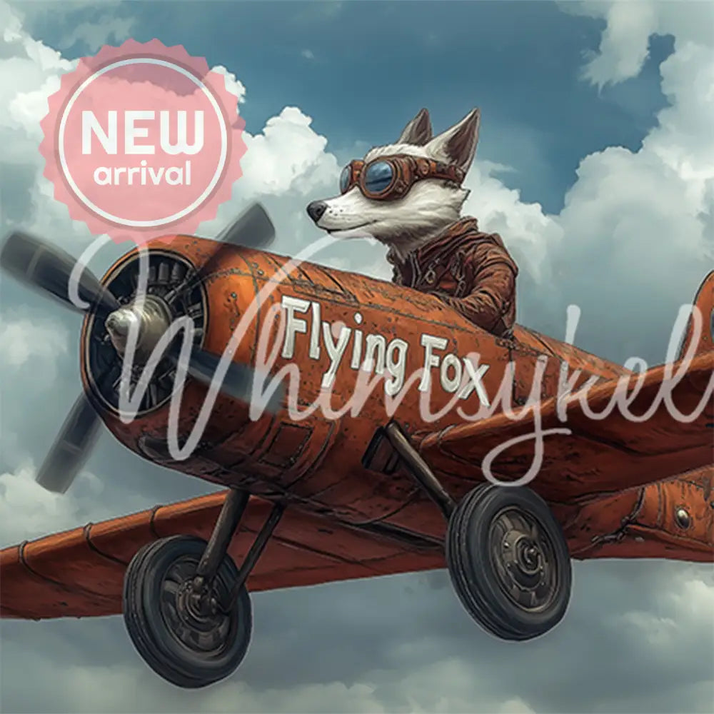 Close-up of a tissue paper featuring a vintage airplane with a white fox pilot flying in a cloudy sky. 