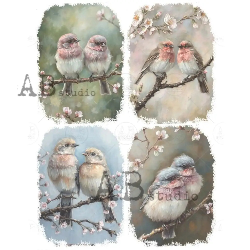 Rice paper against a white background featuring four portraits of small bird pairs among flowering branches in soft pastel tones.