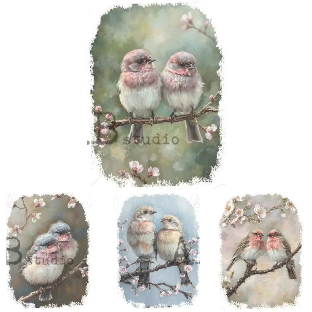 Rice paper against a white background featuring four portraits of small bird pairs among flowering branches in soft pastel tones.