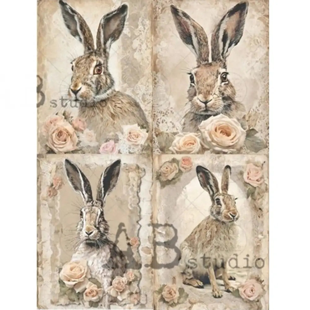 A4 rice paper features 4 portraits of light brown rabbits against beige backgrounds with soft pink roses. White borders are on the sides.